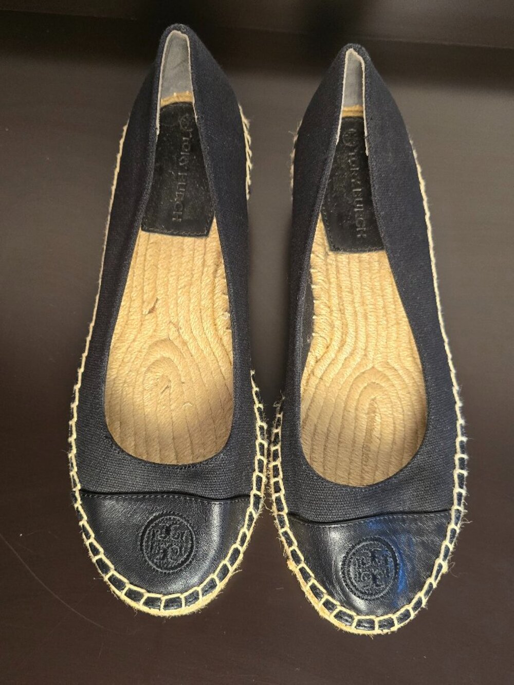 Tory Burch Black on Black Color-Block Canvas & Leather Wedge Espadrilles Size 8